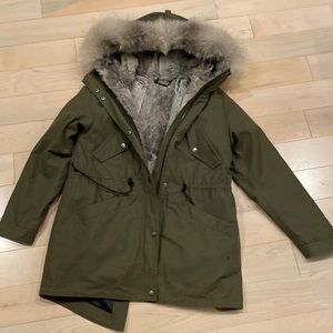 Andrew Marc rabbit fur removable vest olive parka anorak coat